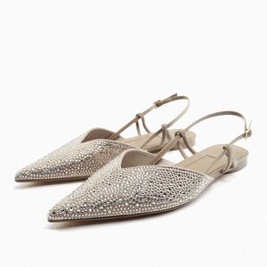 Zara rhinestone pointed toe sling back gold flat shoe size 7.5